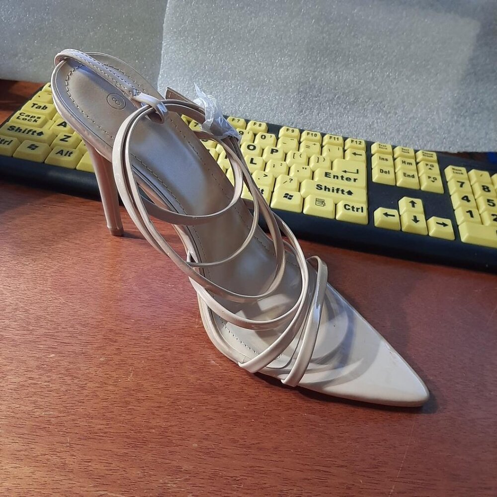 Mysoft Women Pointed Toe Strappy Open Toe High Heel Sandal Beige Sz11 New Defect
